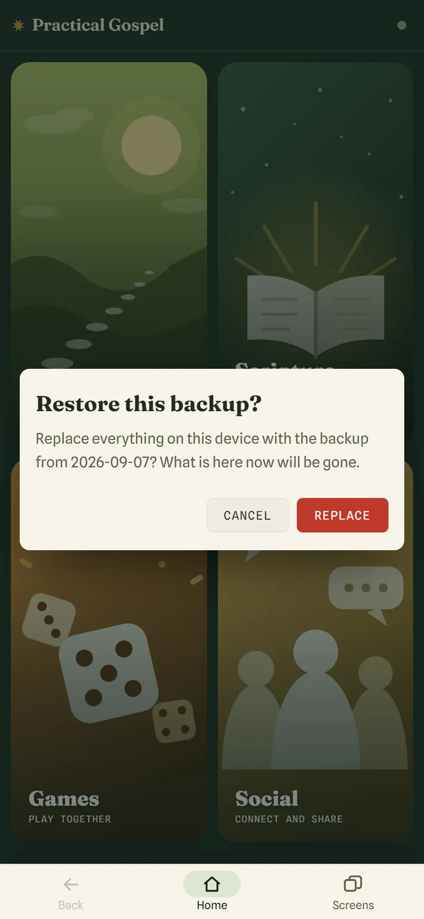 A message reading Restore this backup? Replace everything on this device with the backup from 2026-09-07? with Cancel and Replace buttons, over the home screen.
