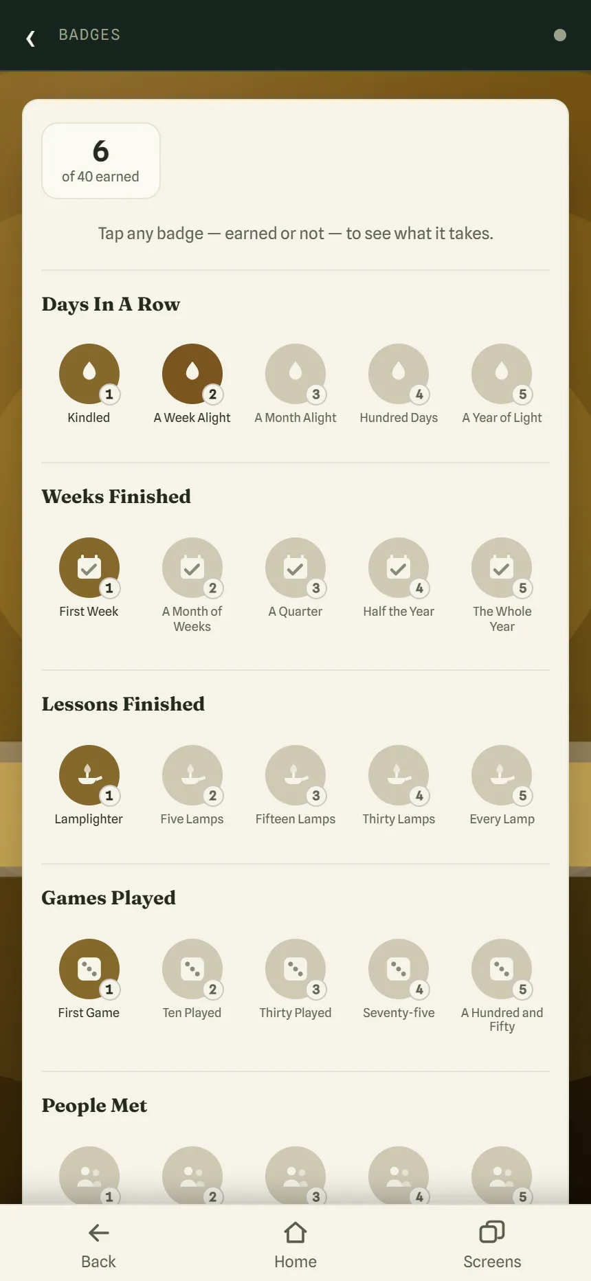 The Badges page showing 6 of 40 earned, with rows of badges for Days In A Row, Weeks Finished, Lessons Finished and Games Played.