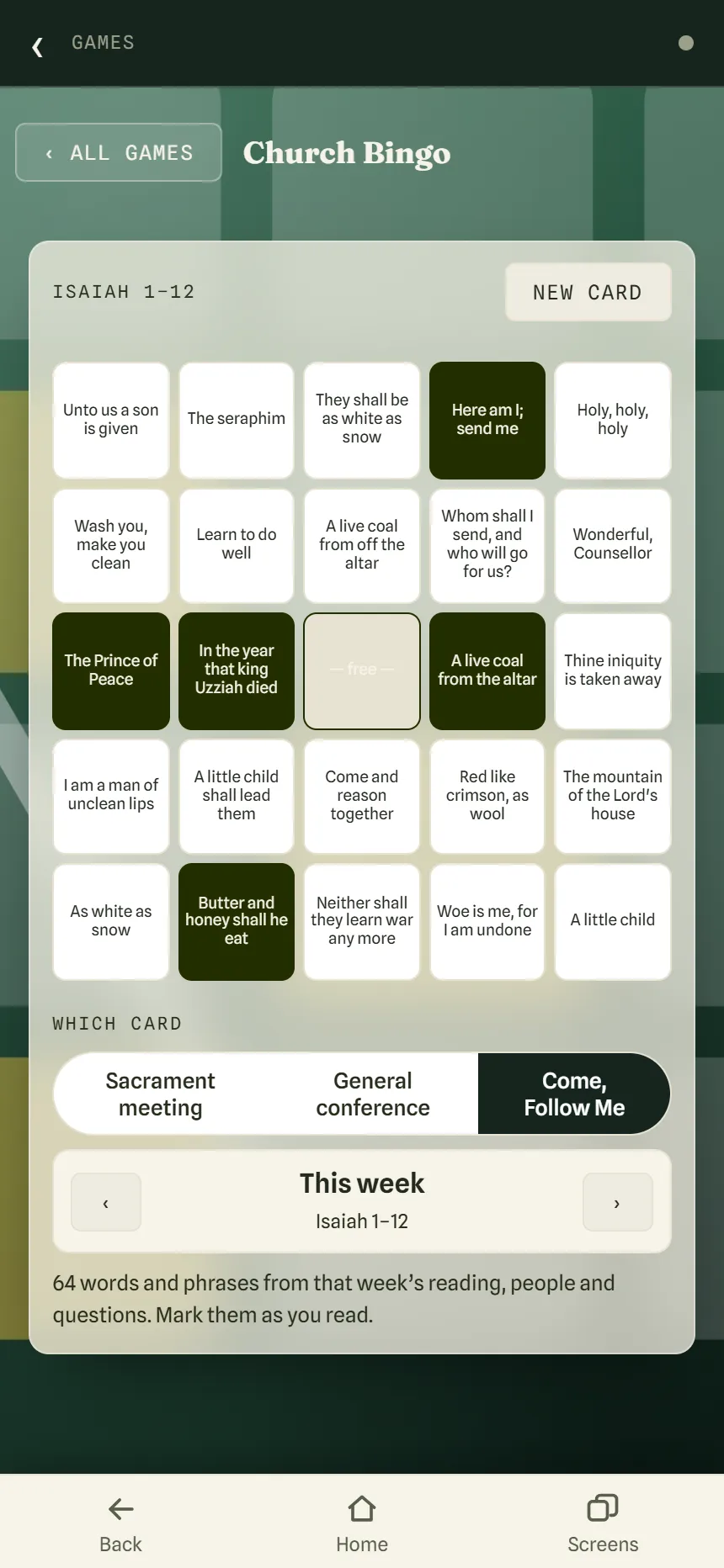 A Church Bingo card for Isaiah 1–12 with phrases from the week’s reading, five squares marked and the free square in the middle.