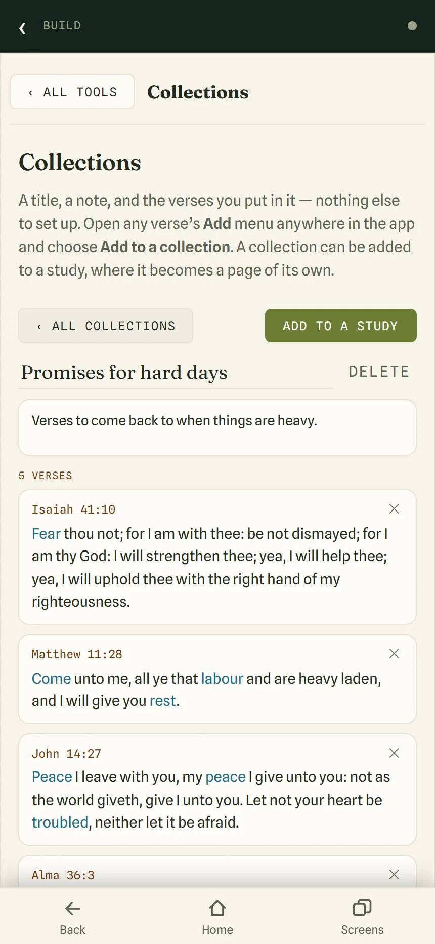 A collection called Promises for hard days, with its note and the verses Isaiah 41:10, Matthew 11:28 and John 14:27.