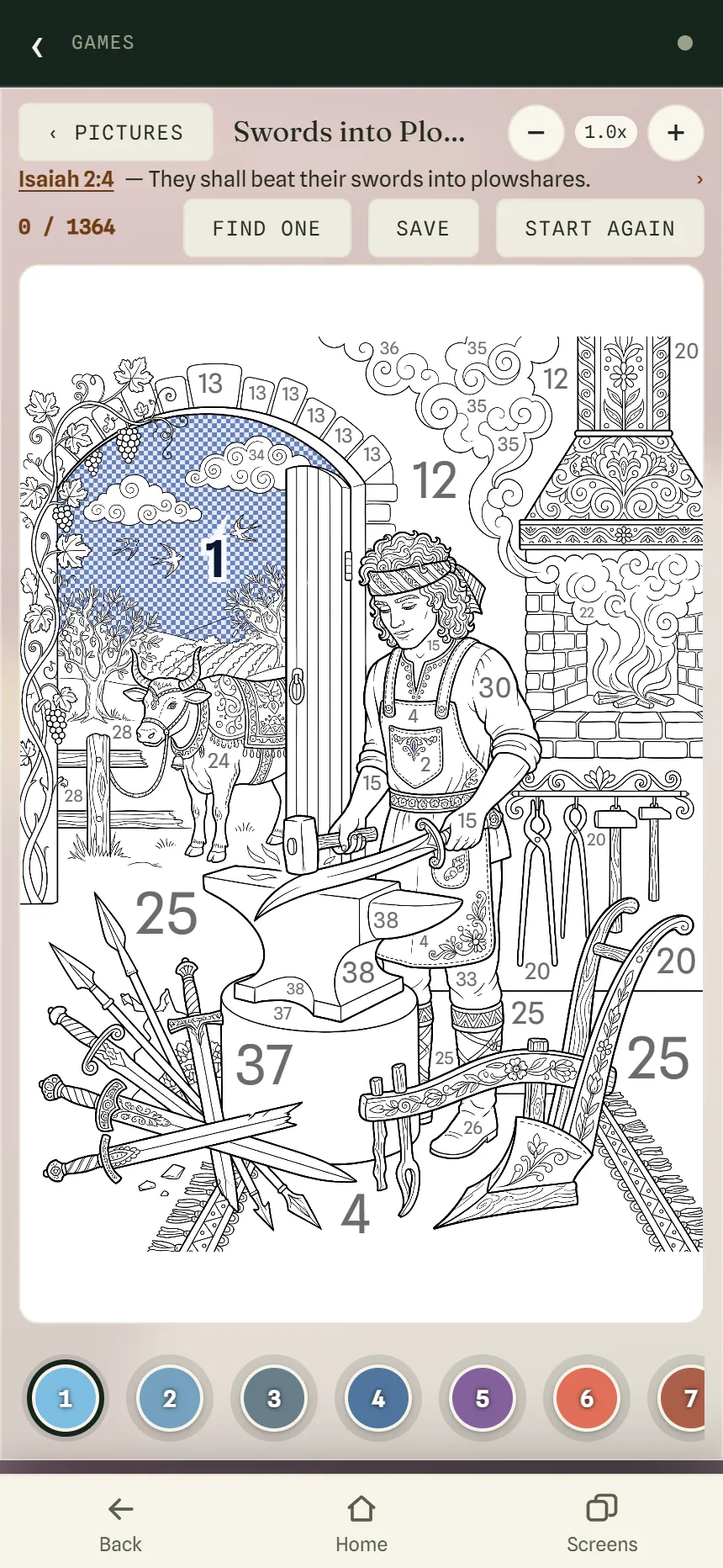 A Color by Number line-art picture for Isaiah 2:4, “They shall beat their swords into plowshares”, with numbered pieces, the sky piece checked for color 1, and the color palette along the bottom.
