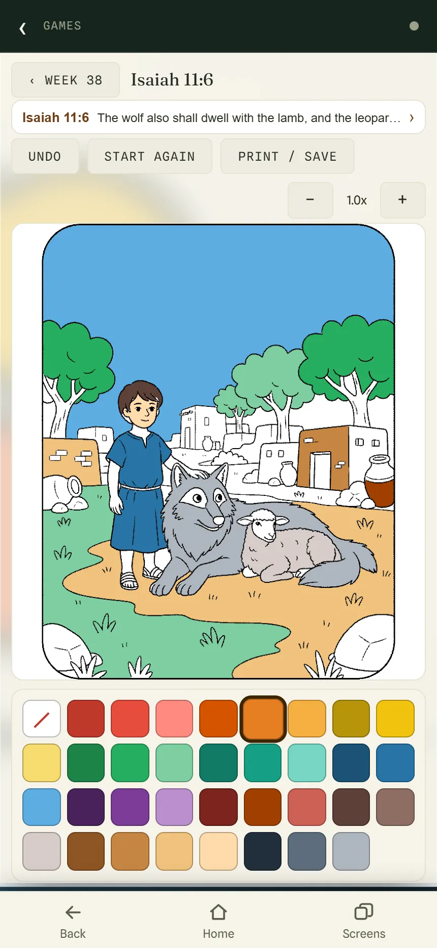The Coloring Book open on Isaiah 11:6: a boy, a wolf and a lamb, partly colored in with blue sky and green trees, above a palette of colors.