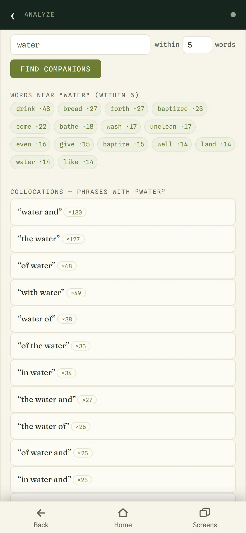 Companions of water within 5 words: drink, bread, baptized, wash and others, with phrases like "the water" below.
