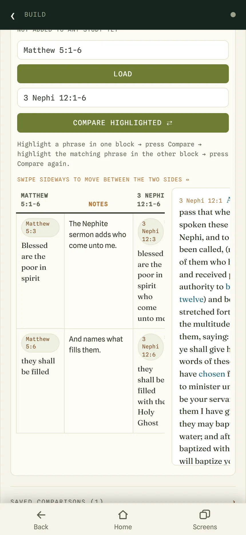 A comparison of Matthew 5 and 3 Nephi 12, with rows pairing matching phrases and a note between them.
