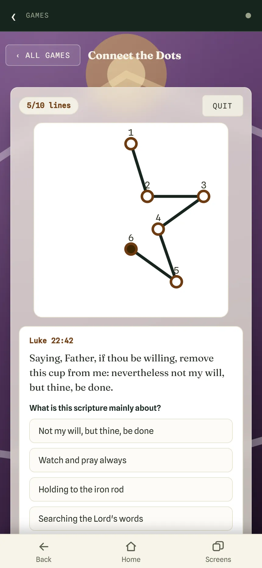 Connect the Dots with 5 of 10 lines drawn, and a question about a verse with four answers to choose from.