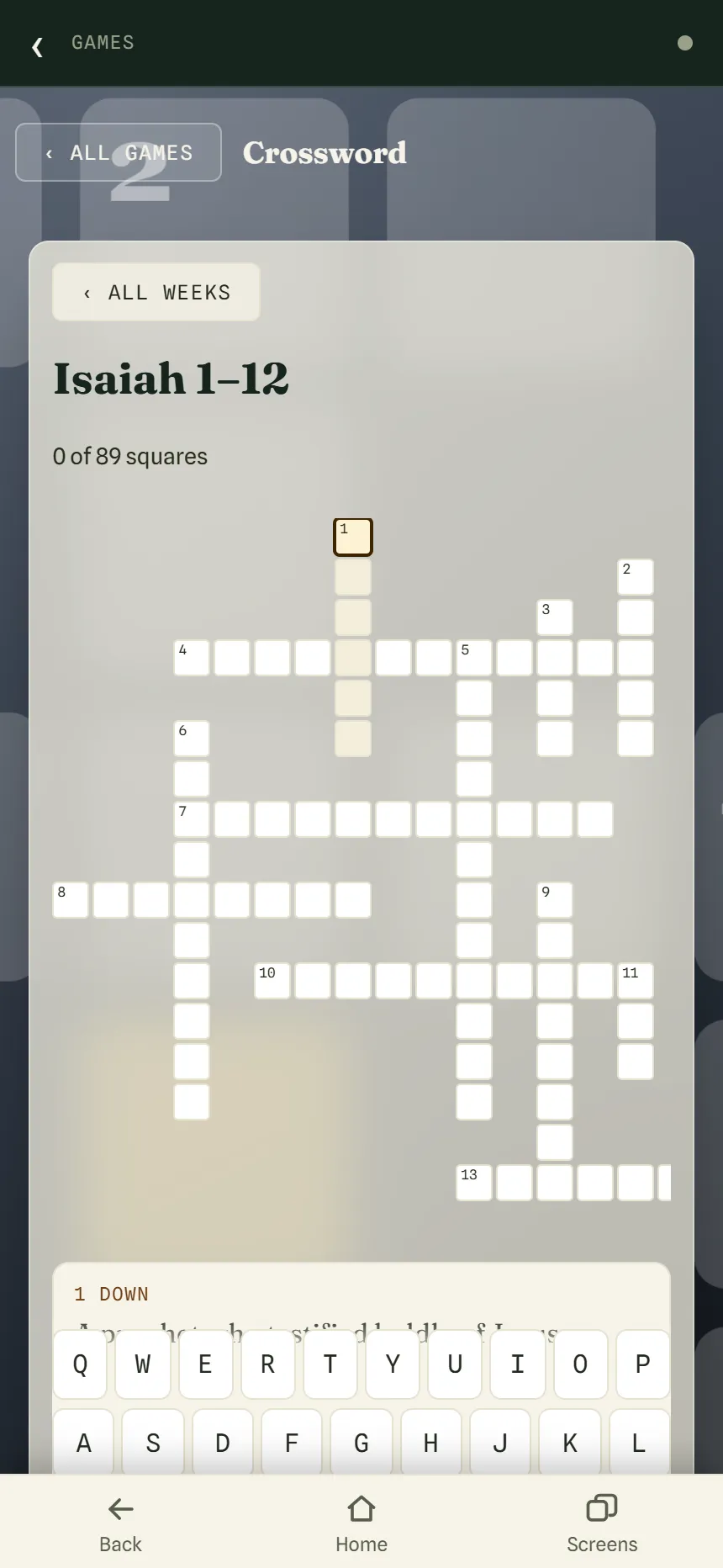 The Isaiah 1–12 crossword with an empty grid of 89 squares, the first square selected, and the on-screen keyboard below.