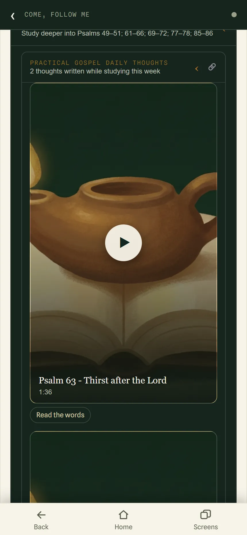 The Practical Gospel Daily Thoughts section showing a video titled “Psalm 63 - Thirst after the Lord,” 1:36 long, with a Read the words button.