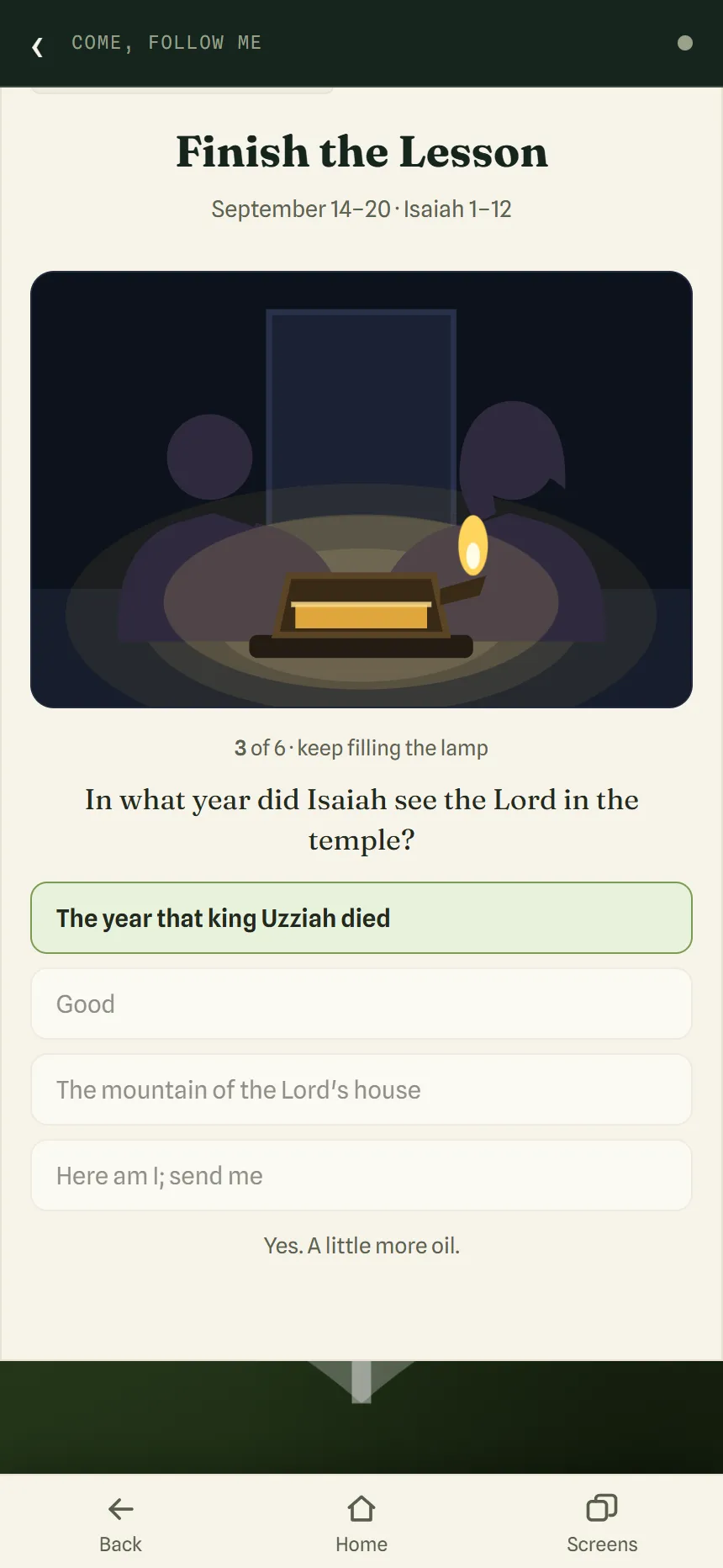 Finish the Lesson for Isaiah 1–12: an oil lamp glowing between two silhouetted children, 3 of 6, and the right answer “The year that king Uzziah died” highlighted in green.