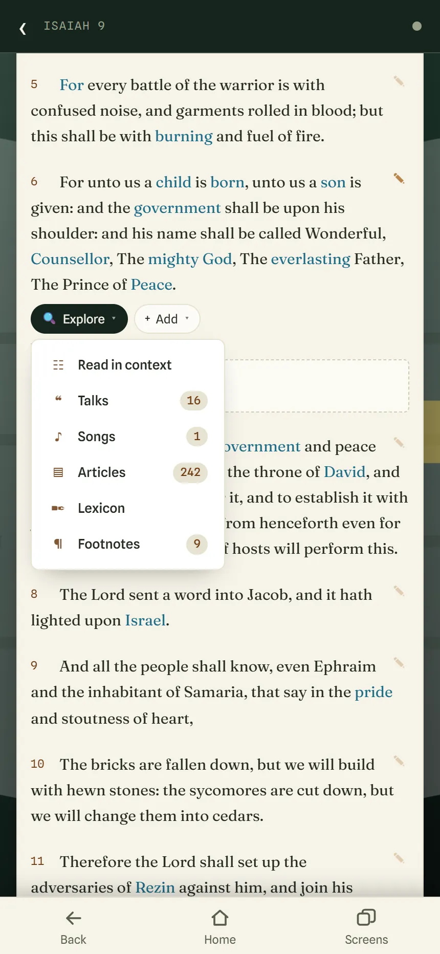 Isaiah 9 with footnoted words in light blue and the Explore menu for verse 6 open, listing Read in context, Talks 16, Songs 1, Articles 242, Lexicon and Footnotes 9.