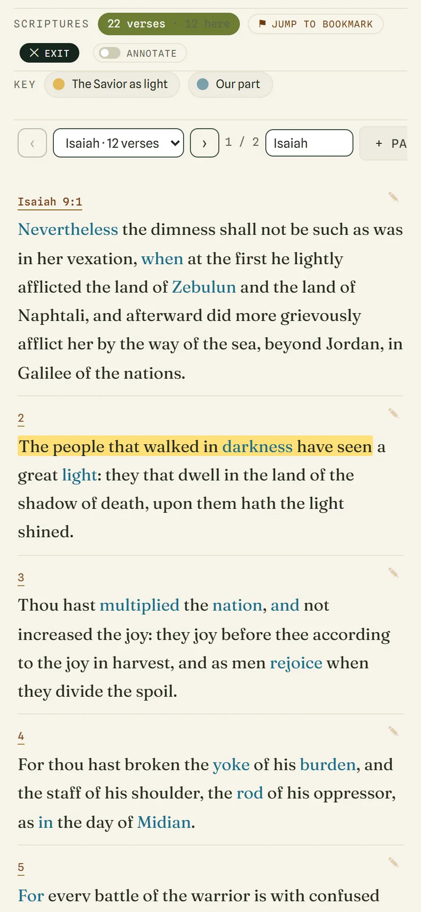 A study's verses filling the whole screen, with an Exit button, Jump to bookmark and Annotate at the top, and a highlighted verse below.