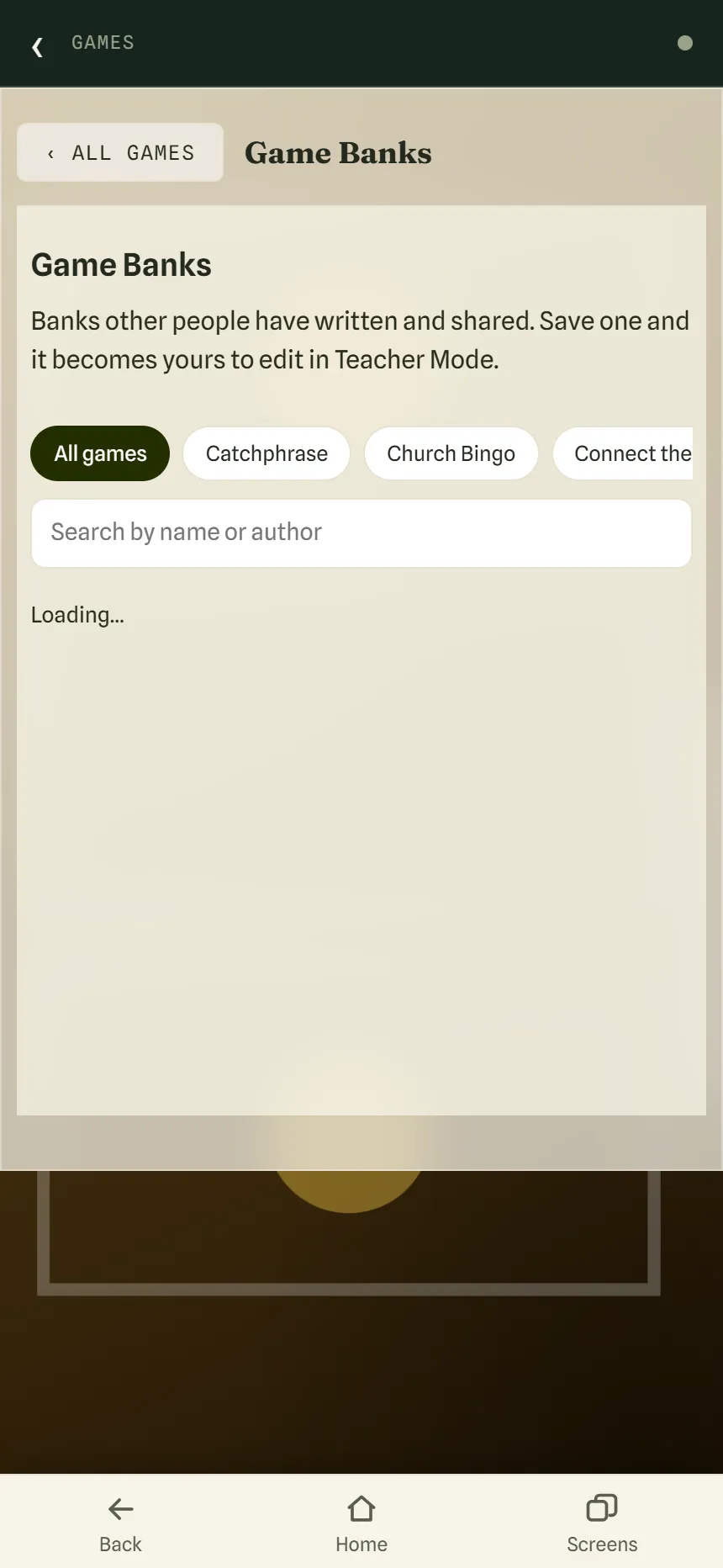 The Game Banks page with filter chips for All games, Catchphrase, Church Bingo and Connect the Dots, a search box, and the list still loading.