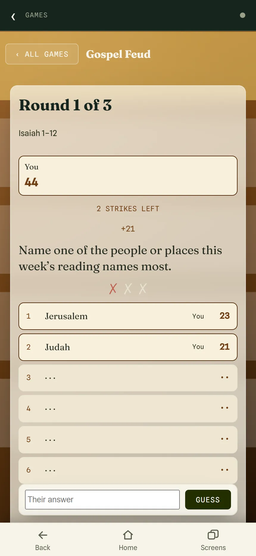 Gospel Feud, round 1 of 3 for Isaiah 1–12, with Jerusalem and Judah turned over, 44 points, one strike, and four answers still hidden.