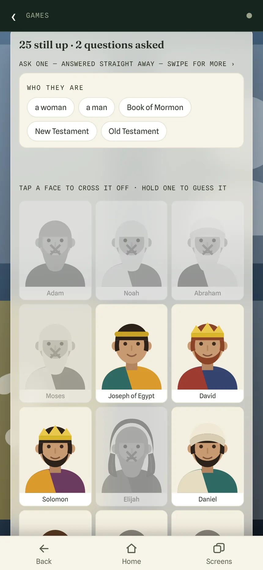 A game of Guess Who in progress: question buttons at the top and a grid of scripture figures, with five bearded faces crossed off.