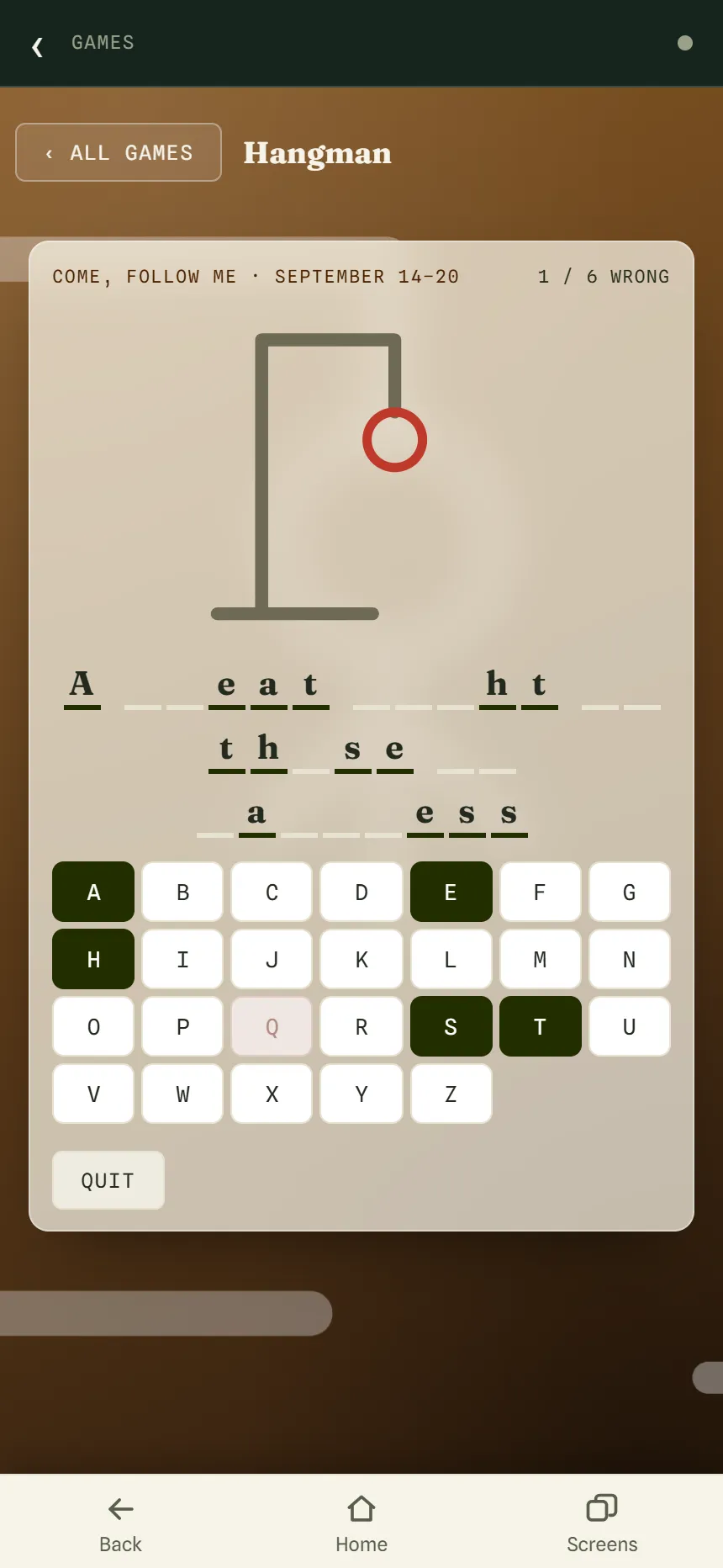 Hangman in play for Come, Follow Me, September 14–20, with one wrong letter drawn, part of a phrase filled in, and the letter keyboard below.