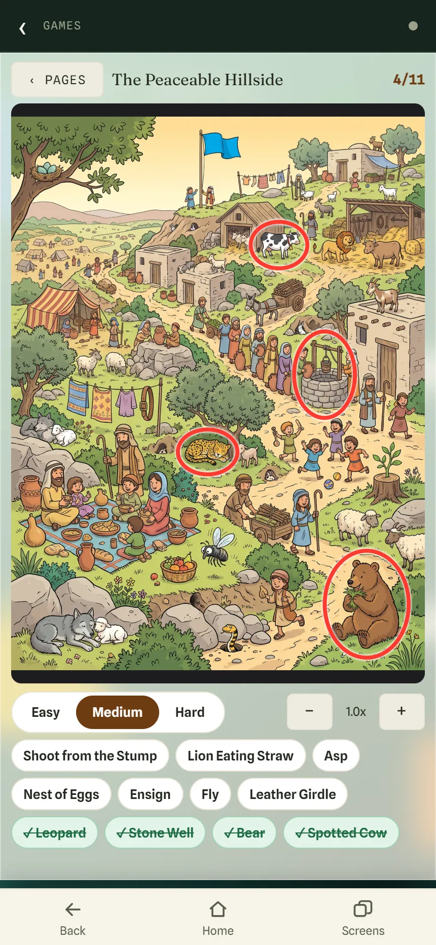 A Hidden Gems page called The Peaceable Hillside: a detailed village scene with a cow, a well, a leopard and a bear circled, and the remaining items listed below.