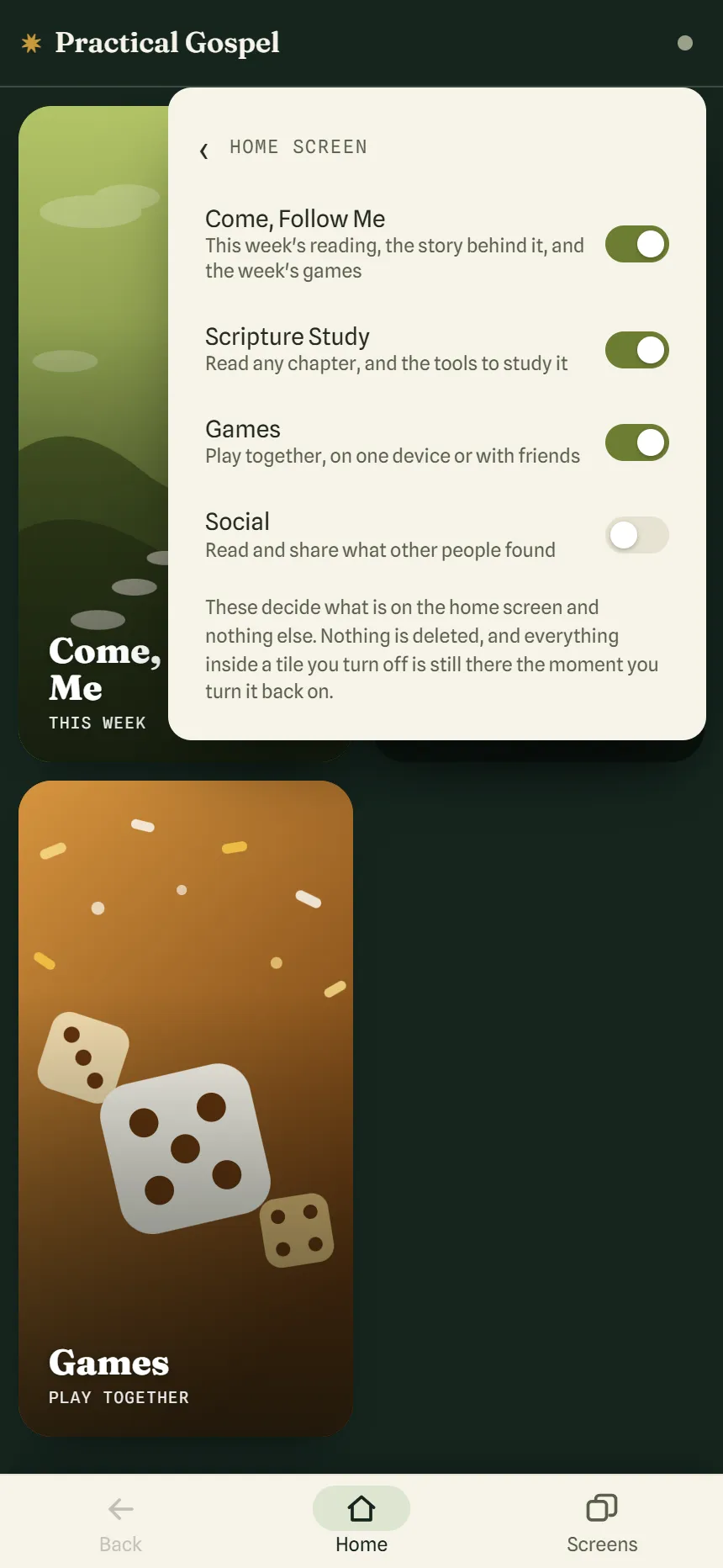 The Home screen settings with switches for Come, Follow Me, Scripture Study and Games on and Social off, over a home screen with an empty space where Social was.