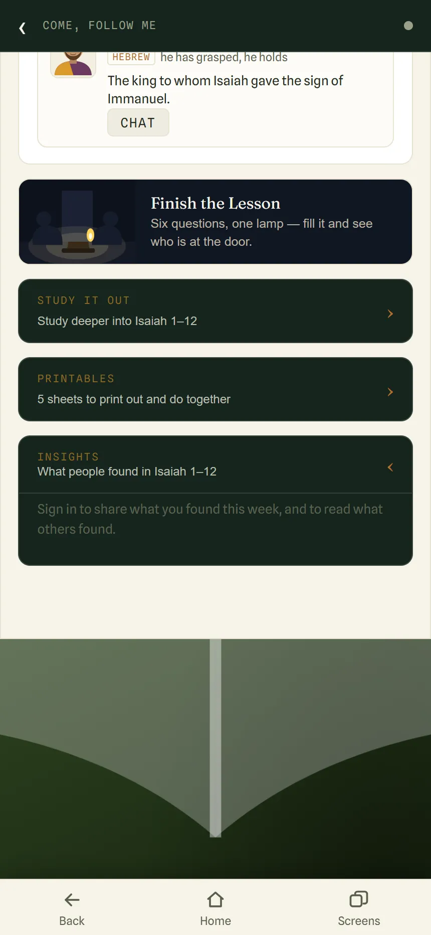 The bottom of the Come, Follow Me week showing Finish the Lesson, Study It Out, Printables, and the Insights section opened.