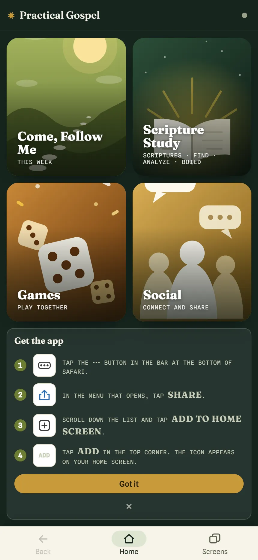 The home screen on an iPhone with the Get the app banner opened to four illustrated steps for adding the app to the home screen in Safari, and a Got it button.