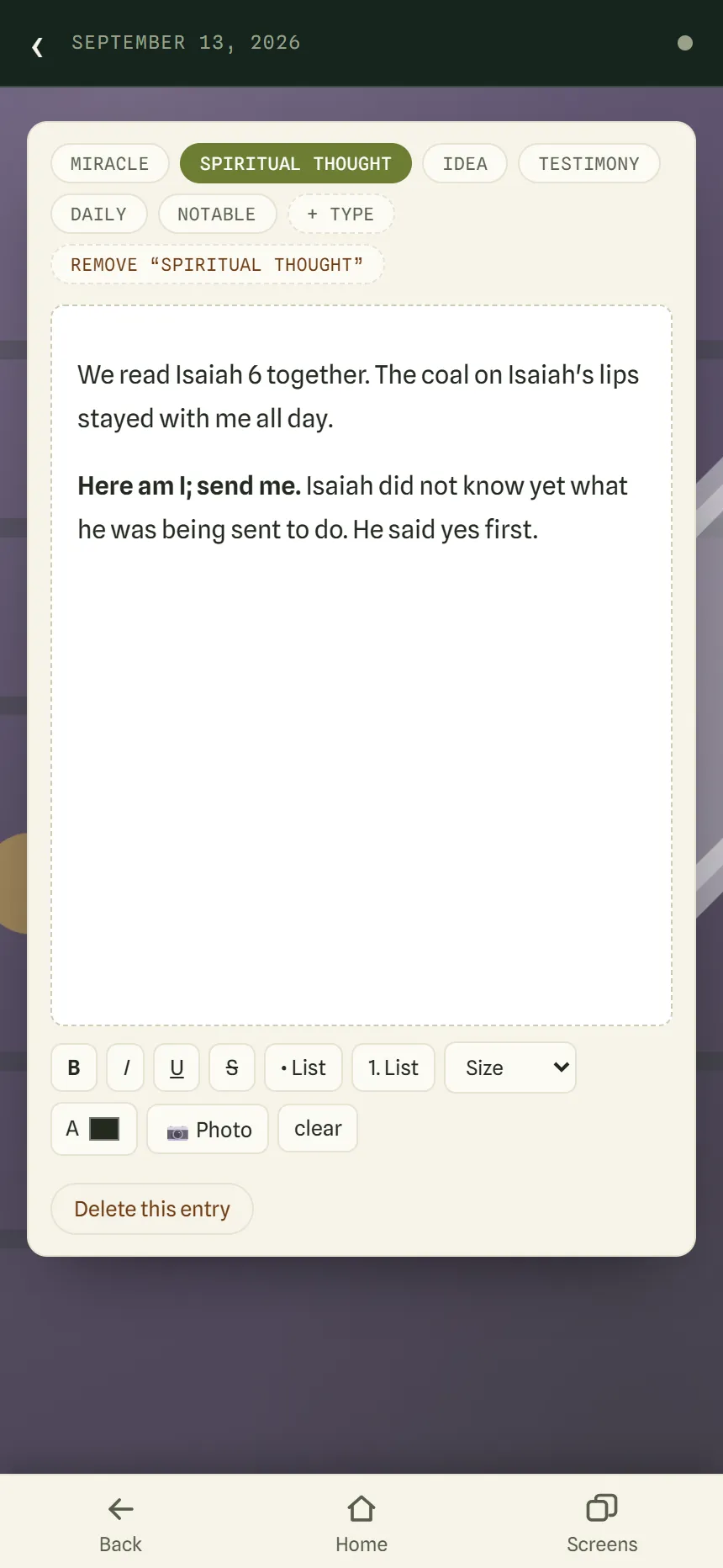 A journal entry dated September 13, 2026, filed as Spiritual Thought, with a few lines of writing, a formatting bar and a Photo button underneath.