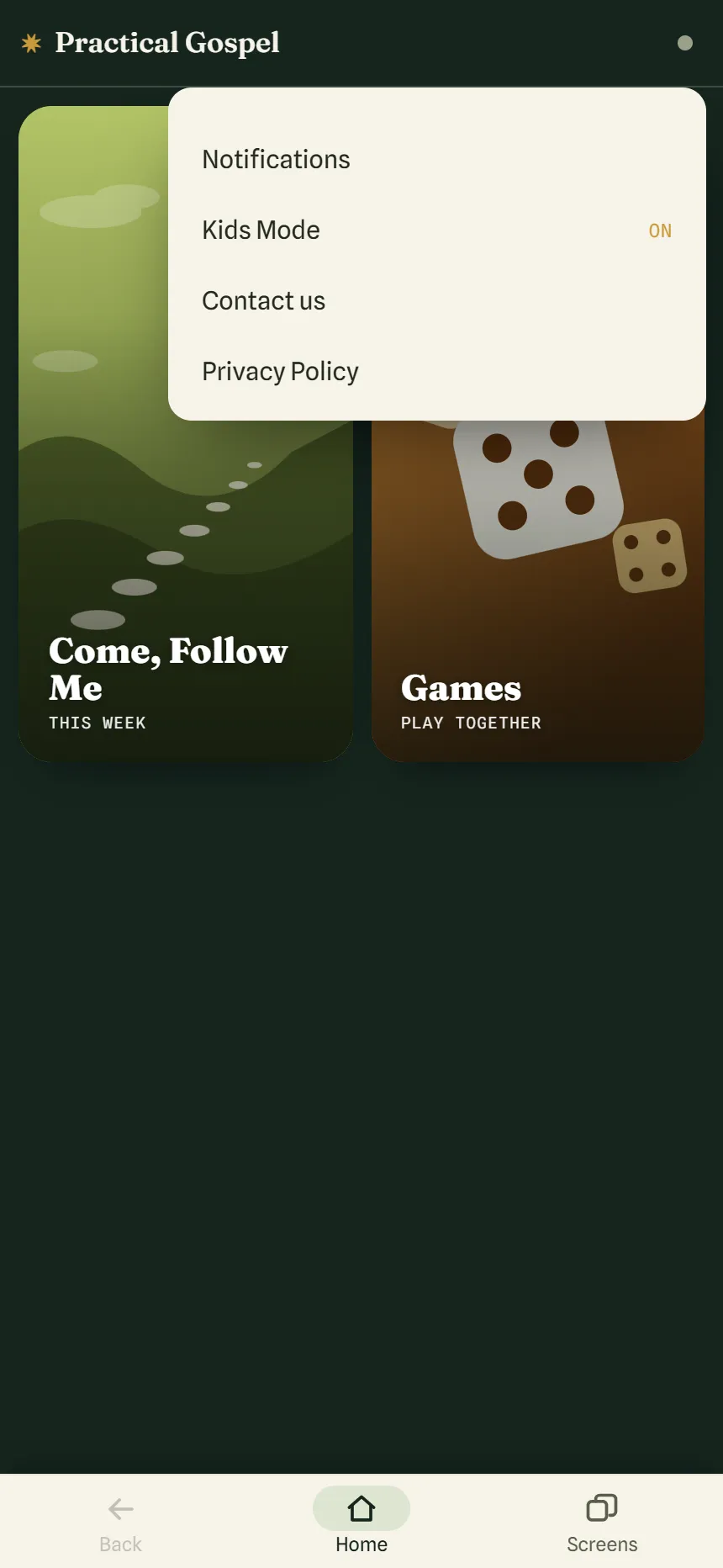The home screen in Kids Mode showing only the Come, Follow Me and Games tiles, with the account menu open and Kids Mode marked On.