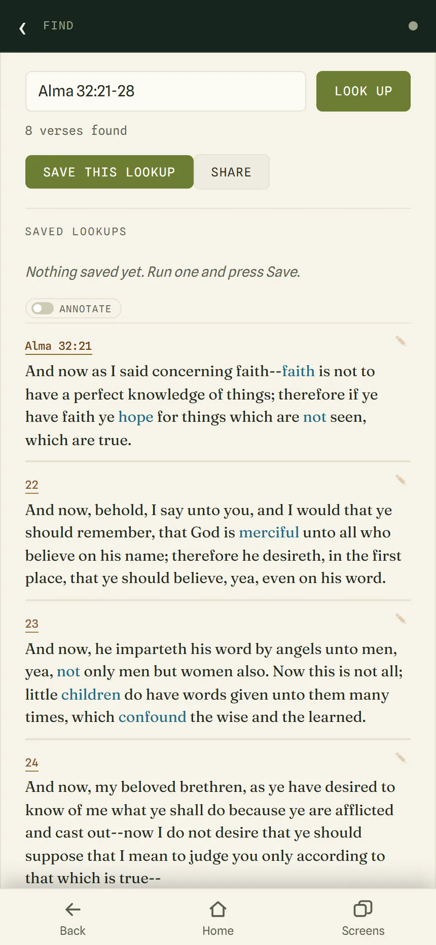 The Look up tool showing Alma 32:21-28, with 8 verses found and the first verses listed below.
