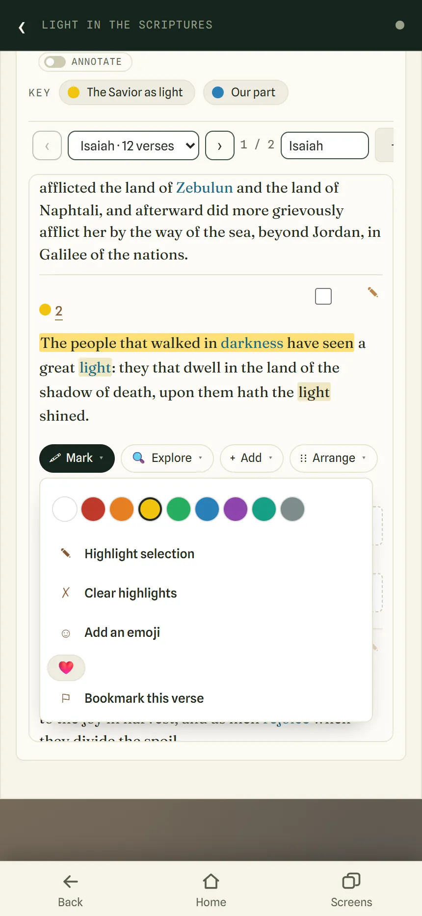 A verse in a study with yellow highlighting and a yellow color dot, and its Mark menu open showing color swatches, Highlight selection, Clear highlights, Add an emoji and Bookmark this verse.