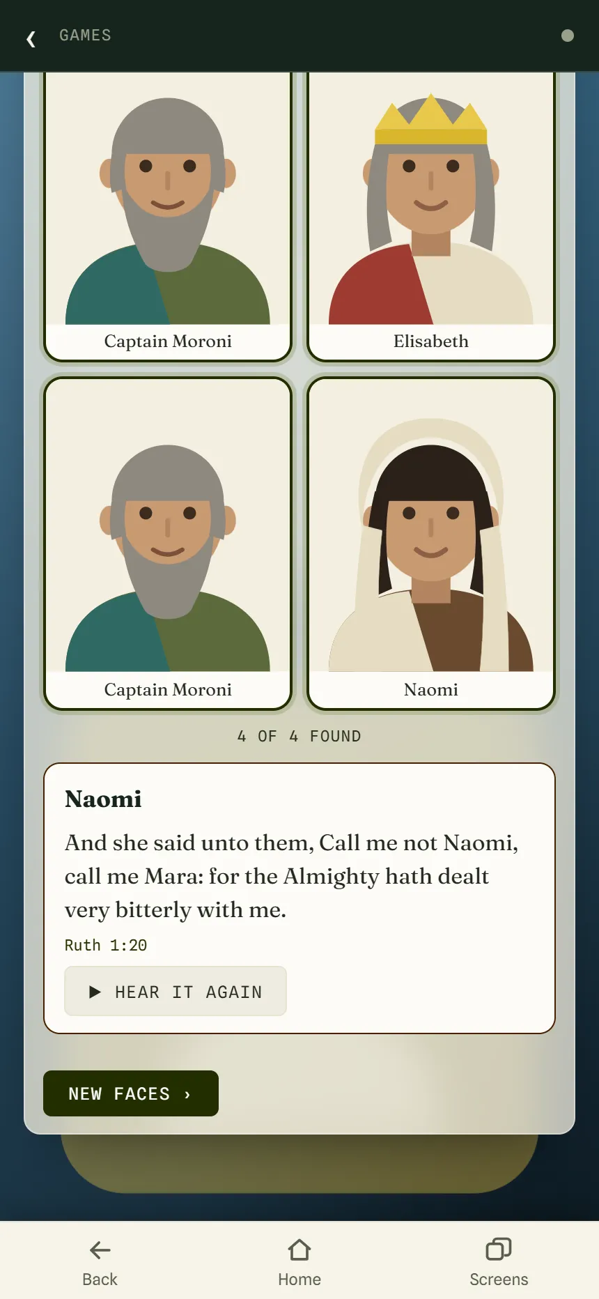Match the Faces with every pair found, showing the faces and names of the people, the verse about the last match, and a Hear it again button.