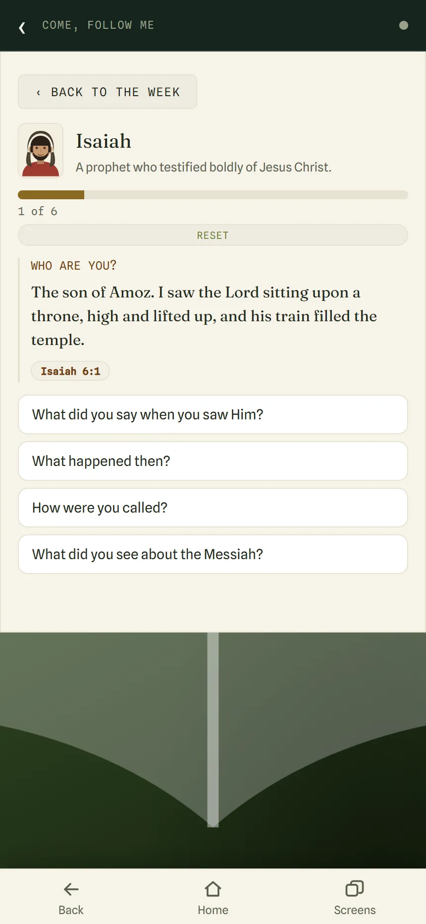 A chat with Isaiah: his portrait, a progress bar at 1 of 6, his answer to “Who are you?” with the verse Isaiah 6:1, and more questions to ask.