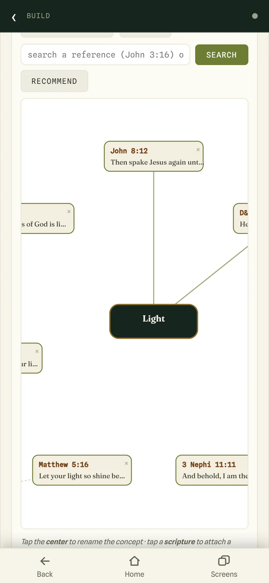 A concept map with Light at the center, connected to John 8:12, Matthew 5:16, 3 Nephi 11:11 and D&C 50:24.