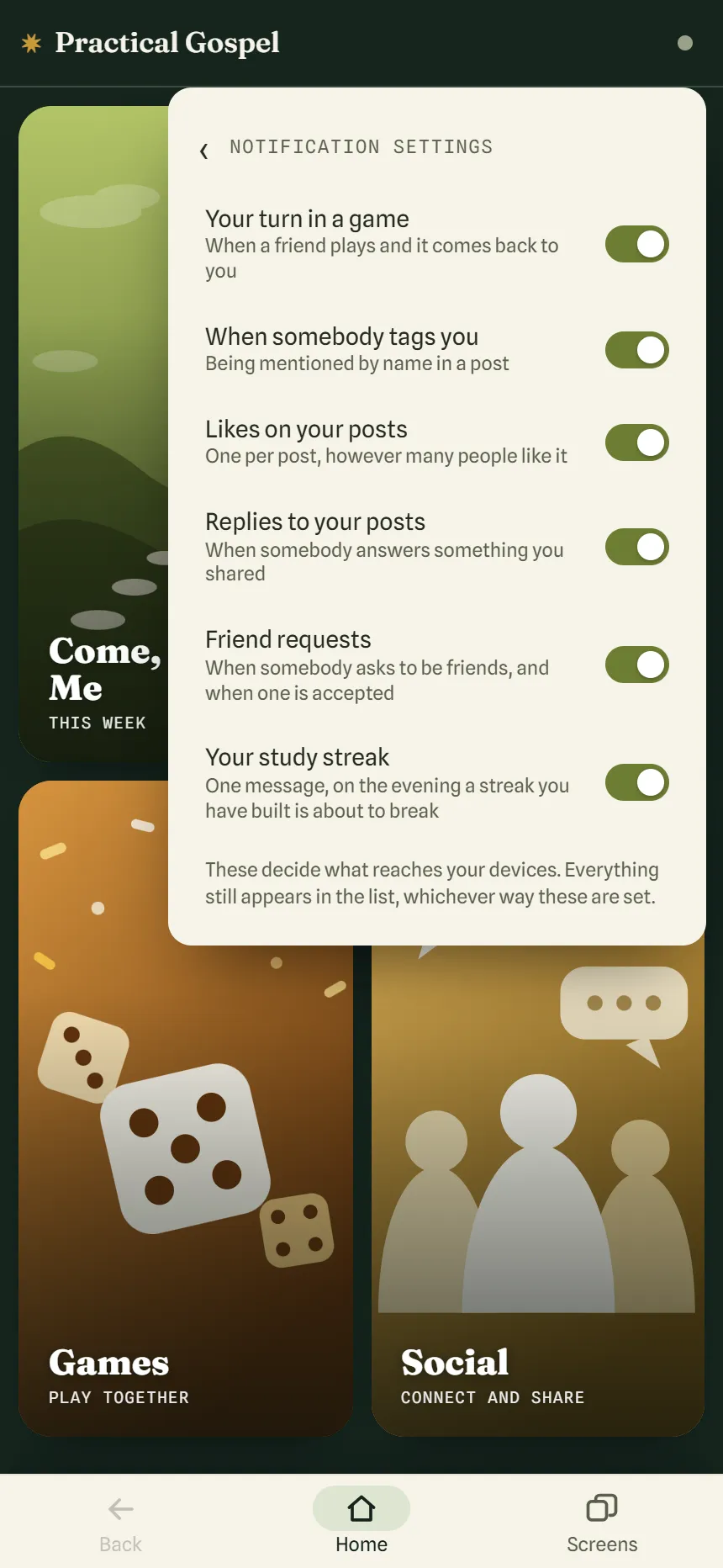 The Notification settings panel with switches for Your turn in a game, When somebody tags you, Likes on your posts, Replies to your posts, Friend requests and Your study streak, all on.