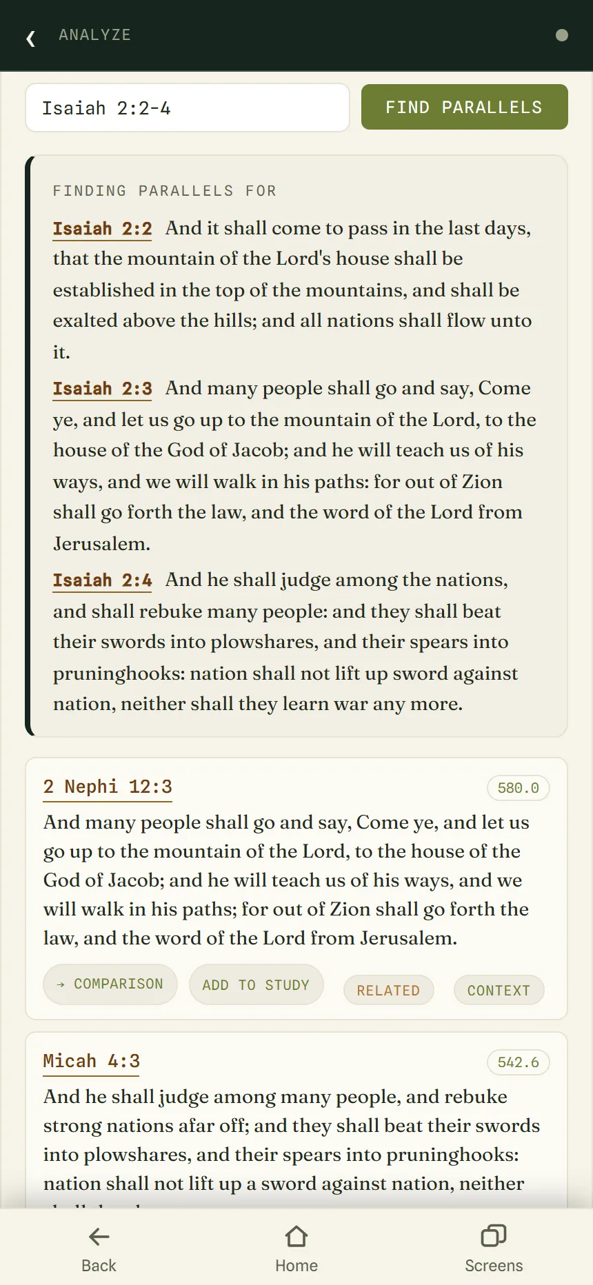 Parallels for Isaiah 2:2-4, with 2 Nephi 12:3 and Micah 4:3 listed as the closest matches.