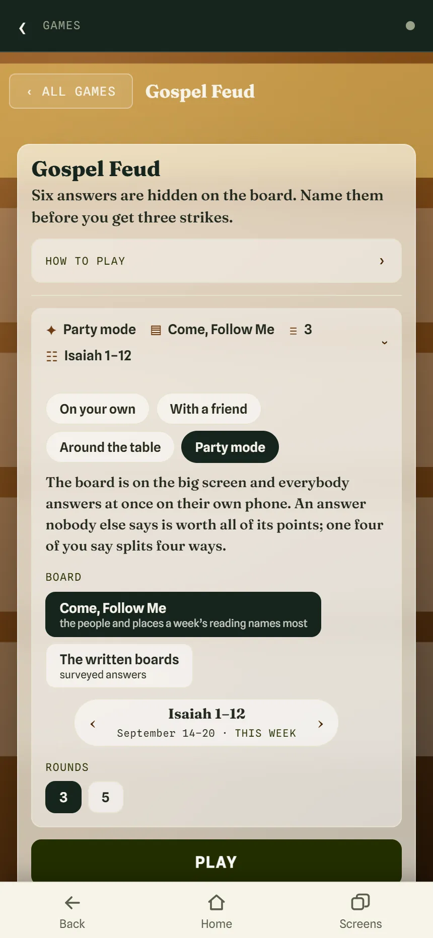 The Gospel Feud setup with Party mode selected, explaining that the board is on the big screen and everybody answers on their own phone, with a Come, Follow Me board for Isaiah 1–12 and 3 rounds.