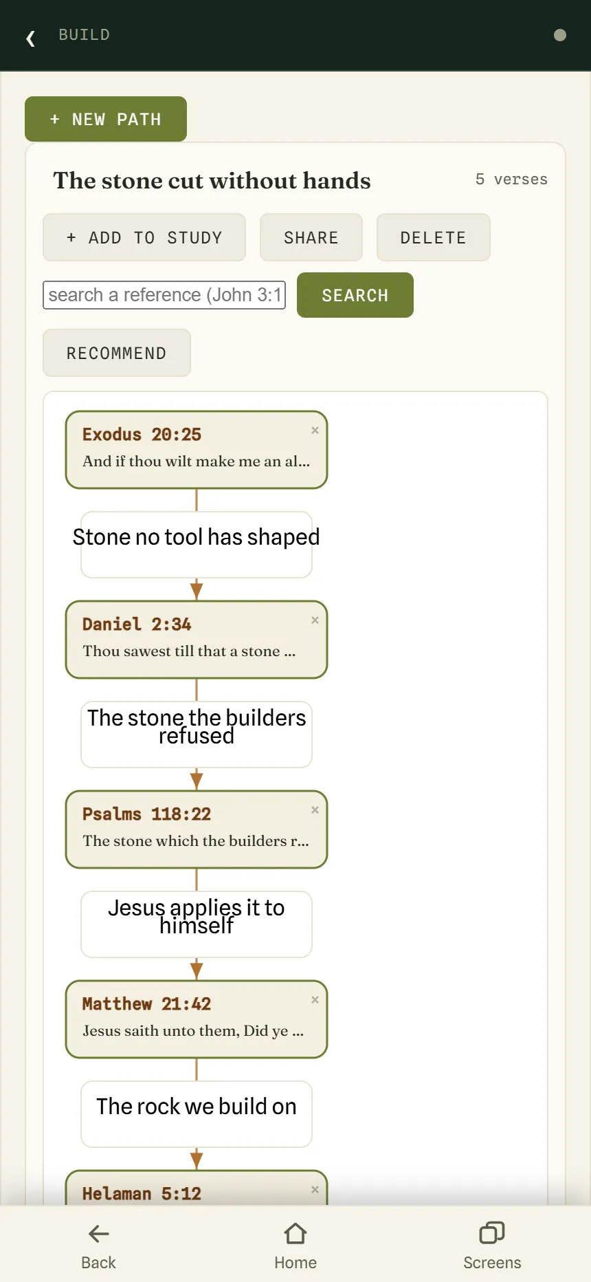 A path called The stone cut without hands, linking Exodus 20:25, Daniel 2:34, Psalms 118:22 and Matthew 21:42 with notes.