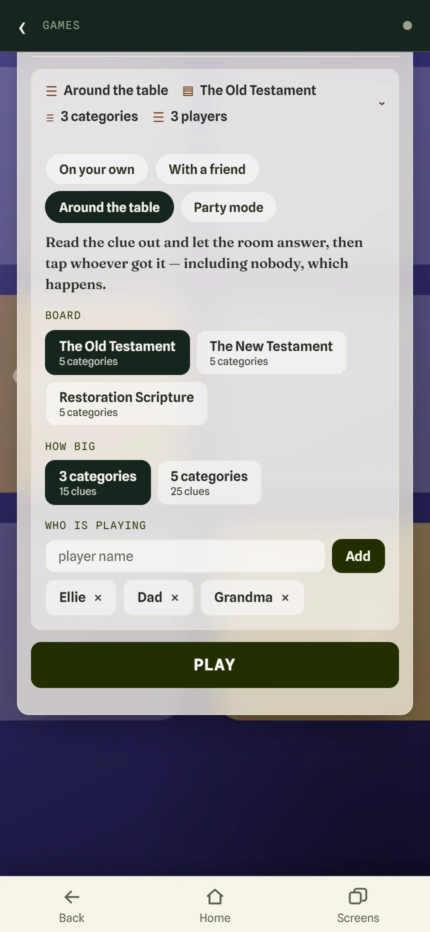 The Scripture Jeopardy setup with Around the table selected, The Old Testament board, 3 categories, and Ellie, Dad and Grandma added as players above the Play button.