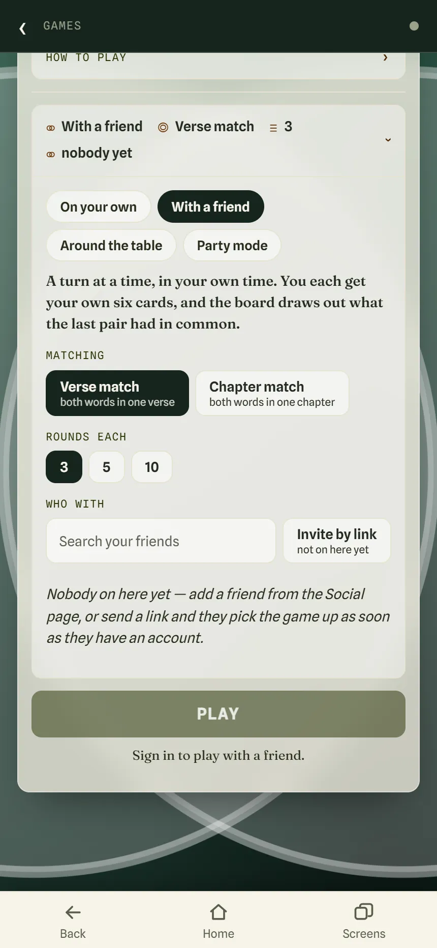 The Crossover setup with With a friend selected, Verse match and 3 rounds, a Search your friends box and an Invite by link button, and a note to sign in to play with a friend.