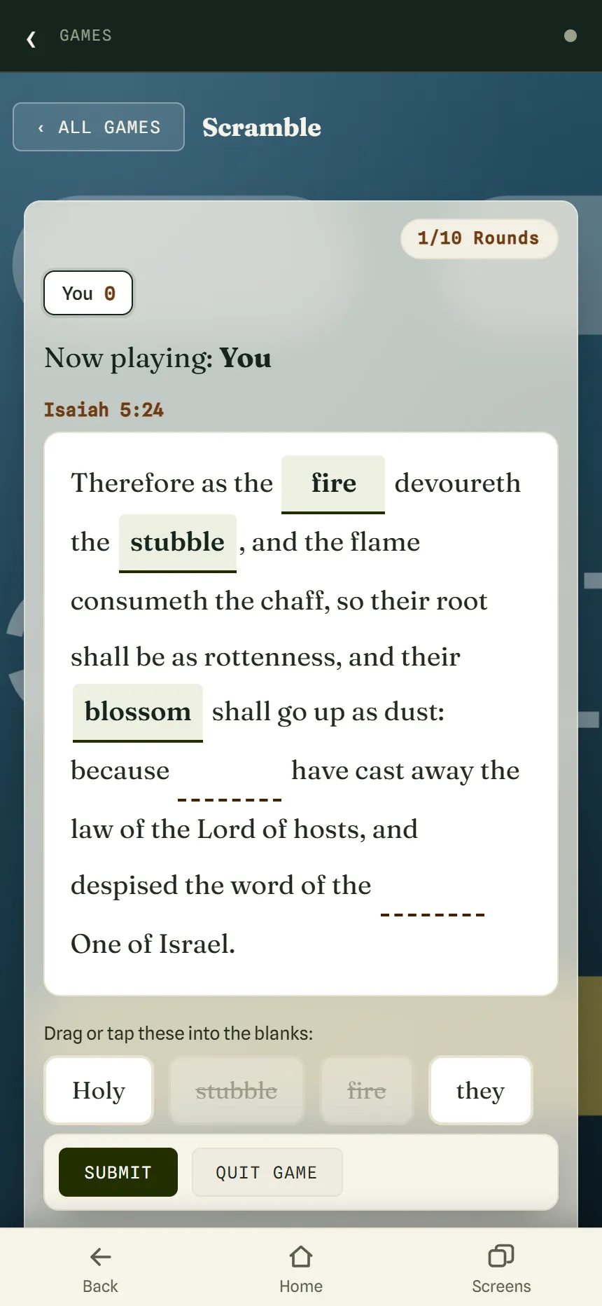 Scramble in play: a verse with three missing words put back in their blanks, two blanks still empty, and the remaining words below.