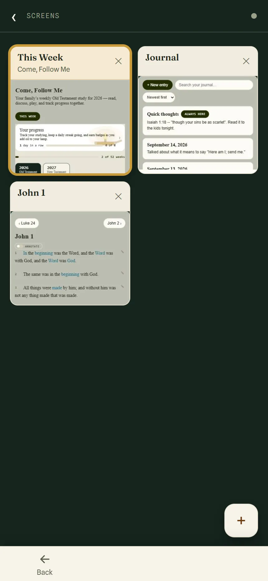 The Screens page with three tiles: This Week on Come, Follow Me outlined in gold, the Journal, and John 1, each showing a small picture of the page.