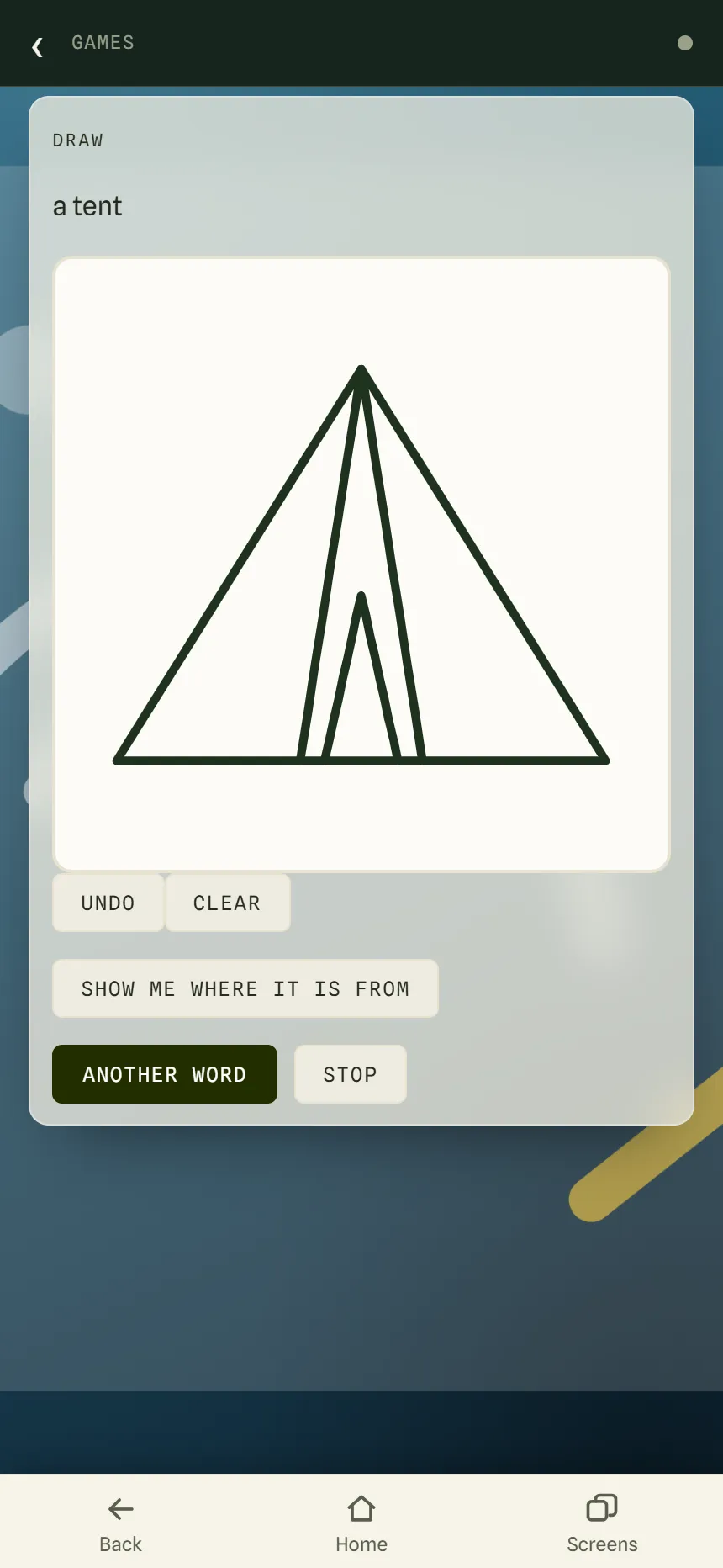 Scriptionary on your own: something from the scriptures to draw, above a simple line drawing of it, with Undo, Clear, Show me where it is from and Another word buttons.