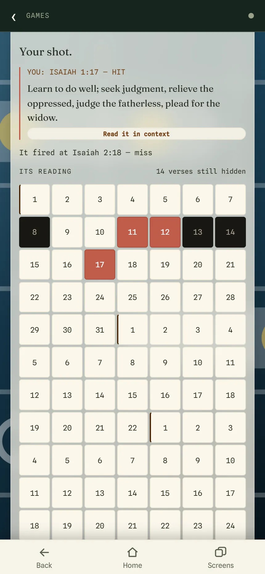 Scripture Battleship against the computer: a grid of numbered verses from Isaiah 1-12 with hits in red and misses in black, and the last hit's verse shown above.