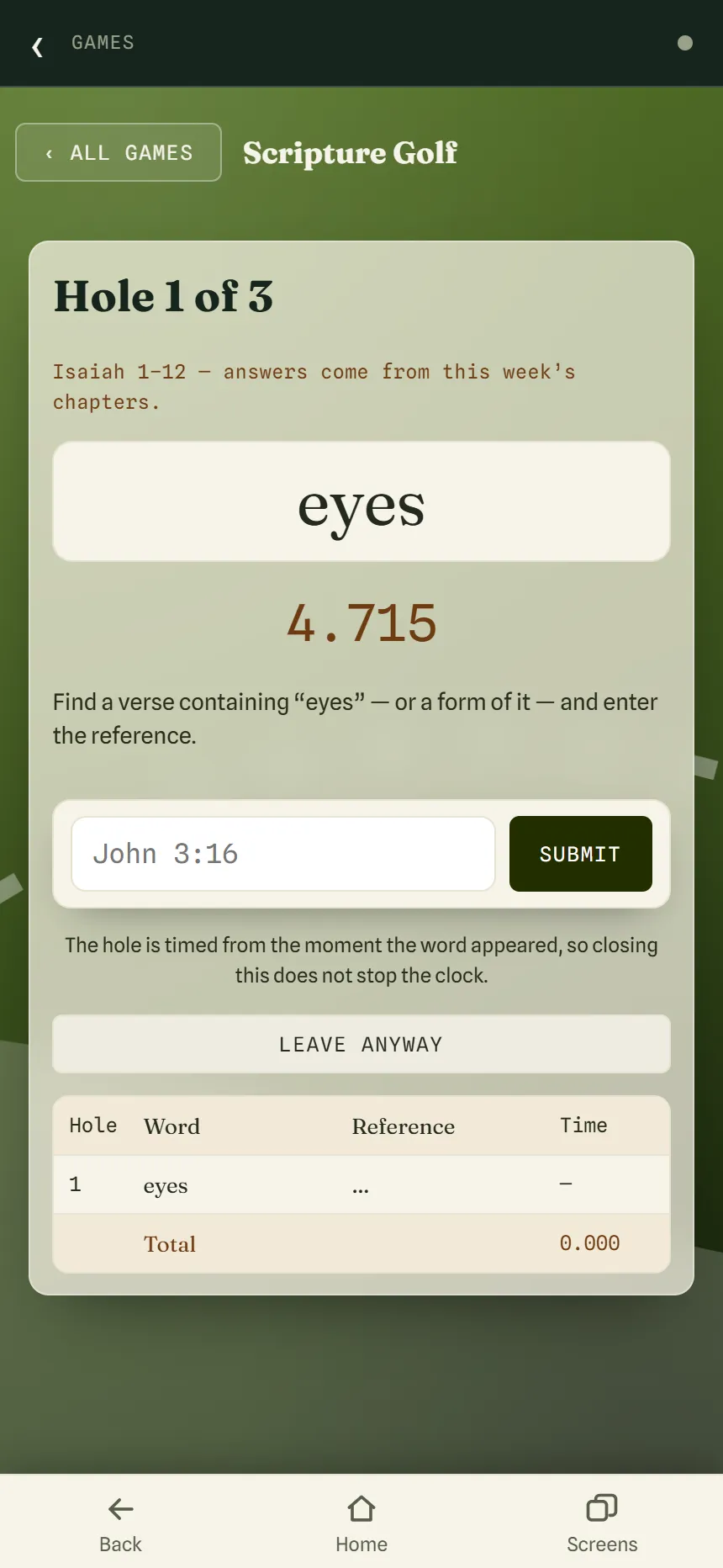 Scripture Golf on a phone: hole 1 of 3 shows the word "eyes" with a running clock, a box to type a reference and a scorecard below.