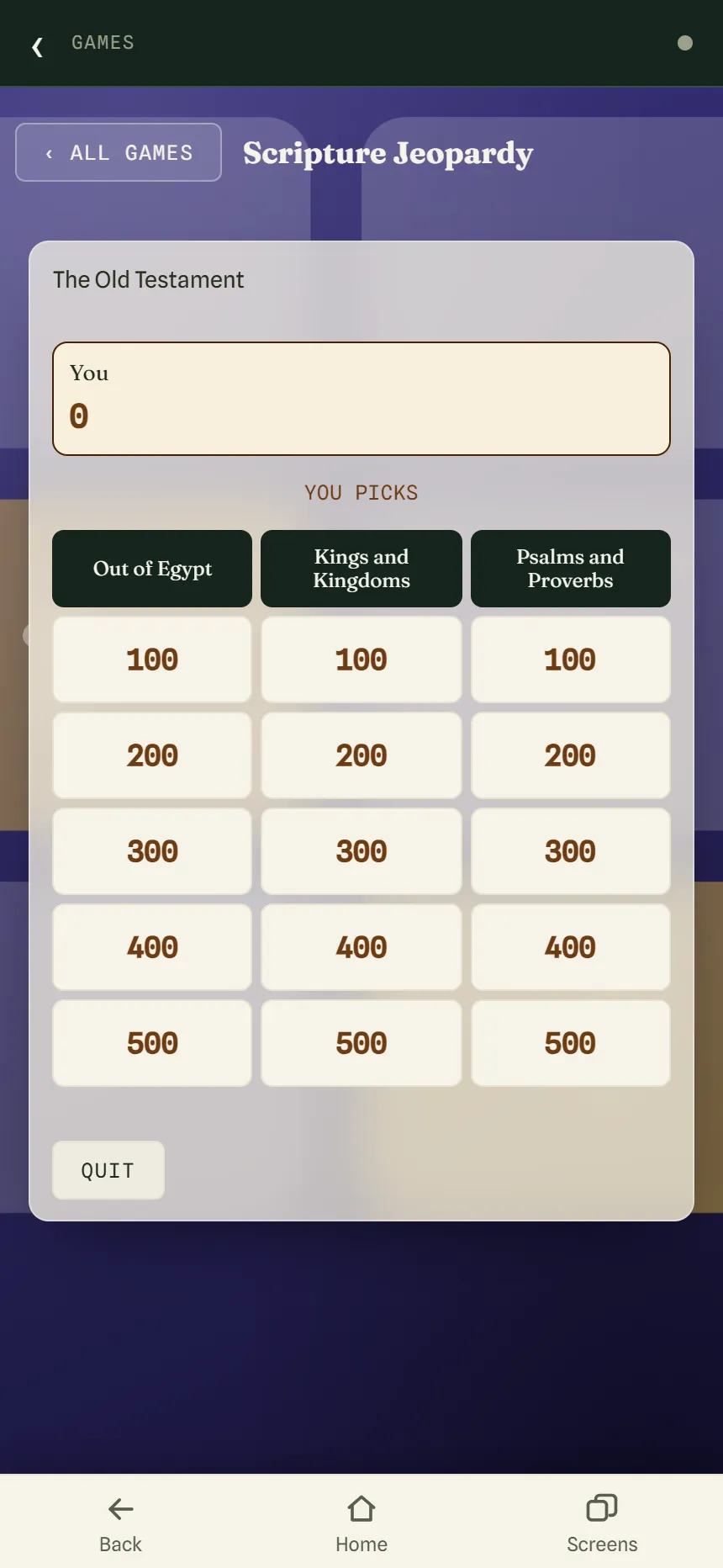 A Scripture Jeopardy board for The Old Testament with three categories, Out of Egypt, Kings and Kingdoms, and Psalms and Proverbs, each with values from 100 to 500.