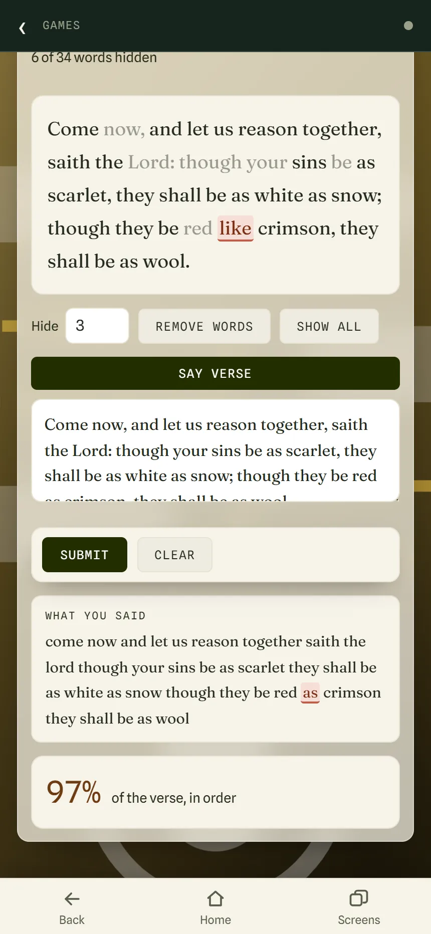 Scripture Memory showing Isaiah 1:18 after checking: the hidden words shown in gray, the typed recital with one mistake marked, and a score of 97%.