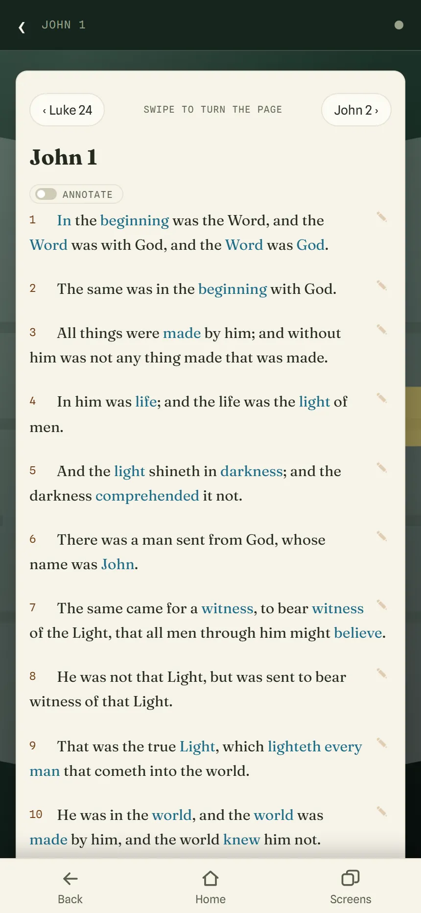 John 1 open for reading, with named arrows to Luke 24 and John 2, an Annotate switch, and footnoted words in light blue.