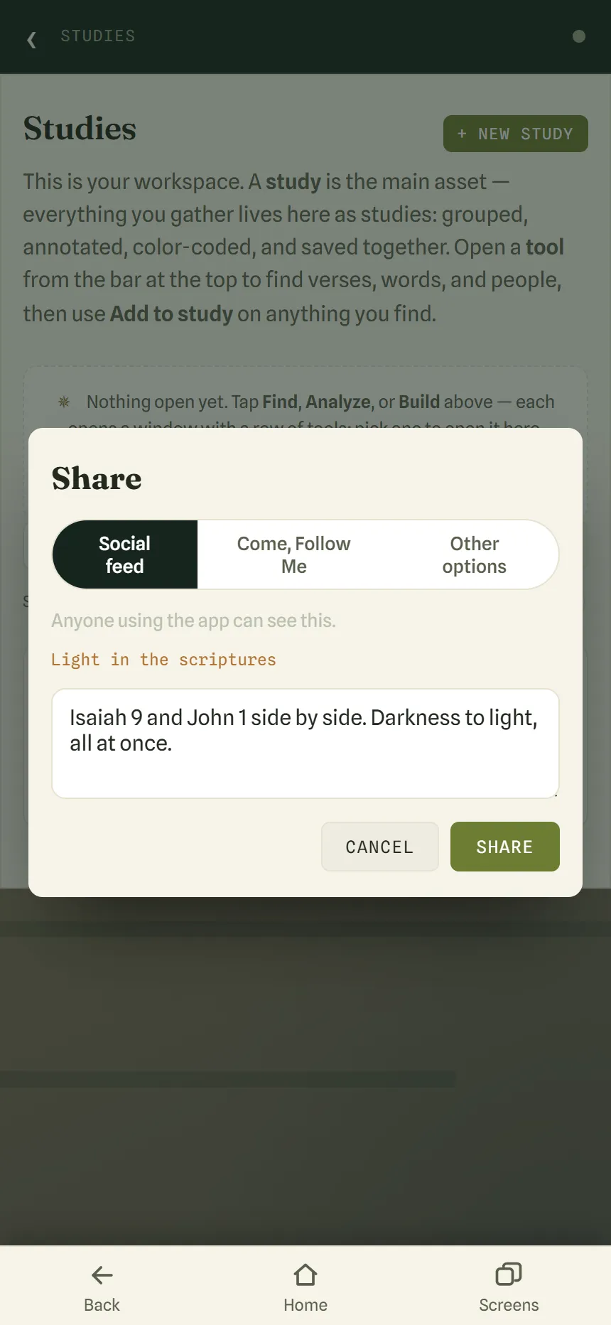 The Share sheet for a study called Light in the scriptures, with Social feed selected, Come, Follow Me and Other options beside it, a short message typed in, and Cancel and Share buttons.