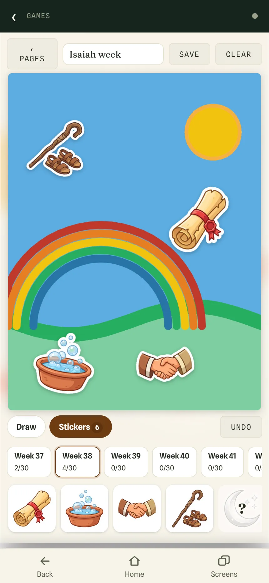A Sticker Book page with a drawn rainbow, sun and hills, decorated with stickers of a scroll, a wash basin, a handshake, and a staff and sandals.