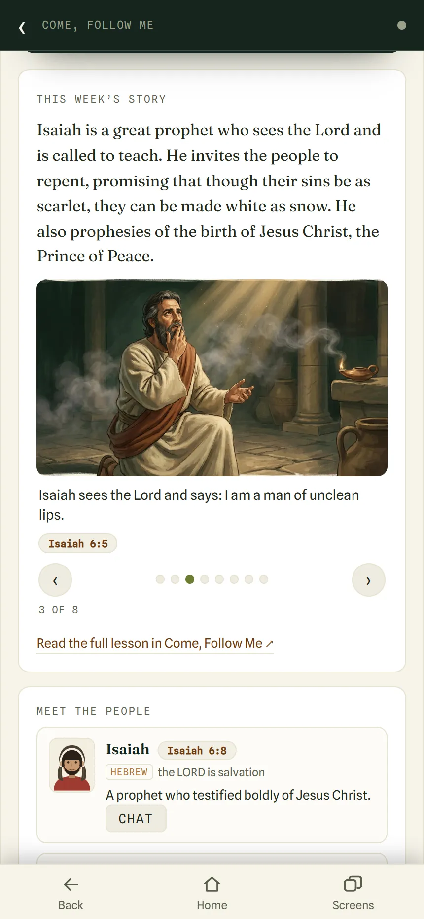 This week’s story card with a painting of Isaiah looking up in awe, the caption “Isaiah sees the Lord and says: I am a man of unclean lips,” the verse Isaiah 6:5, and arrows showing moment 3 of 8.