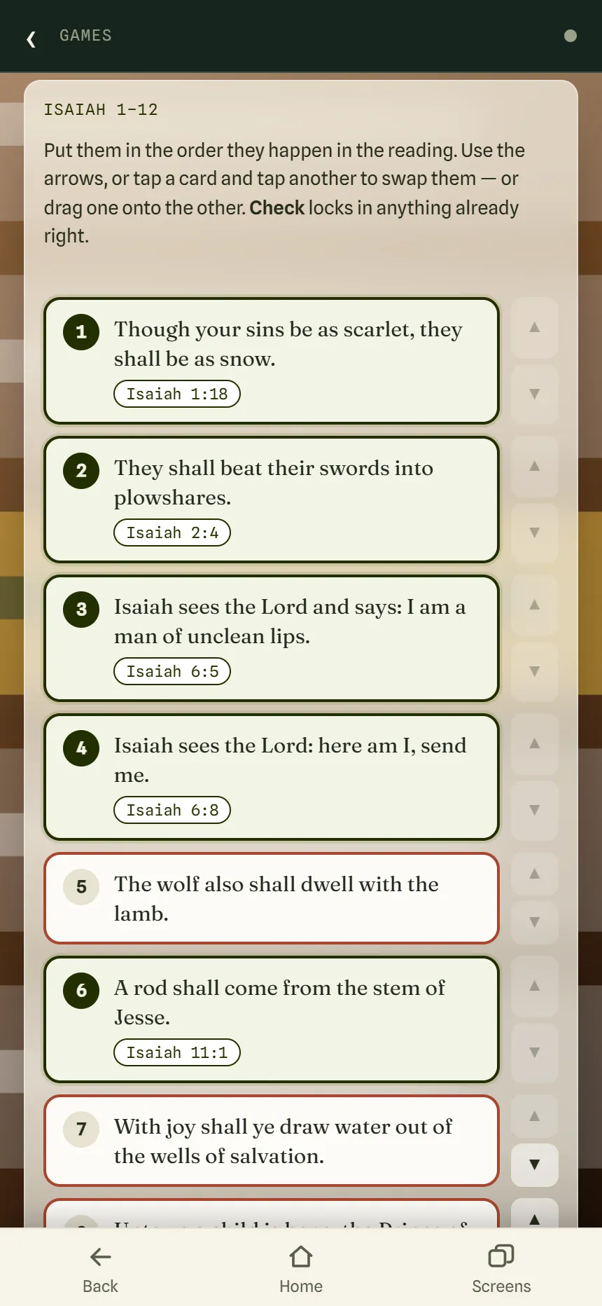 Story Order for Isaiah 1-12 after one check: the cards in the right place locked in green with their verses showing, and the rest outlined in red.