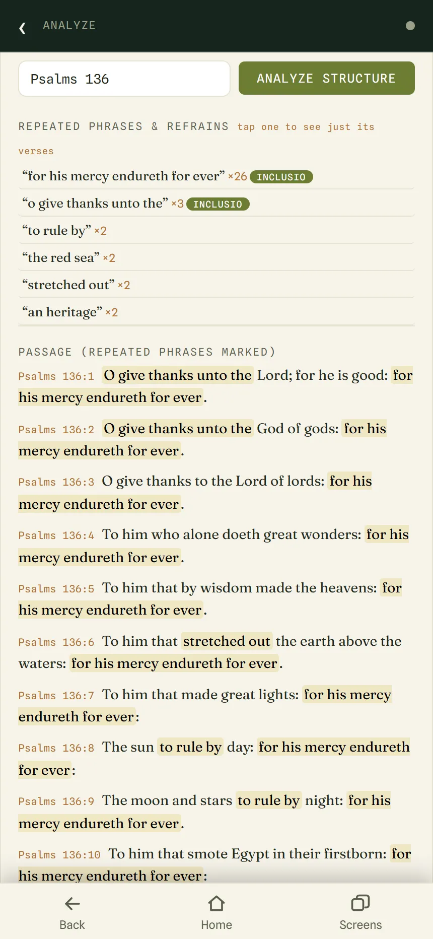 Structure for Psalms 136, showing "for his mercy endureth for ever" repeated 26 times and marked through the verses.