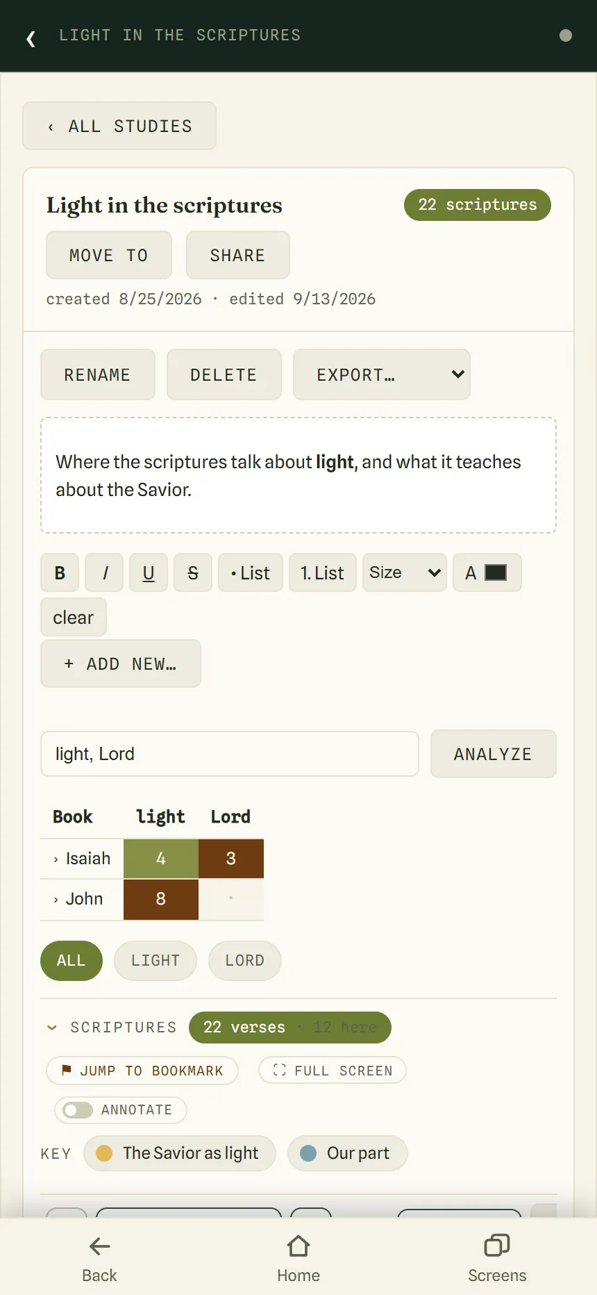 The page for a study called Light in the scriptures, with Move to, Share, Rename, Delete and Export buttons, its description, and a keyword box with a small heat map.