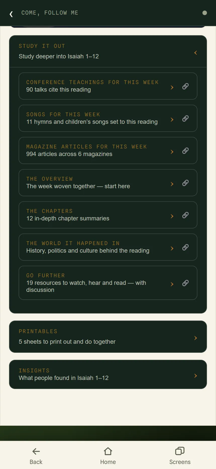 The Study It Out section for Isaiah 1–12, listing Conference teachings, Songs, Magazine articles, The overview, The chapters, The world it happened in, and Go further.